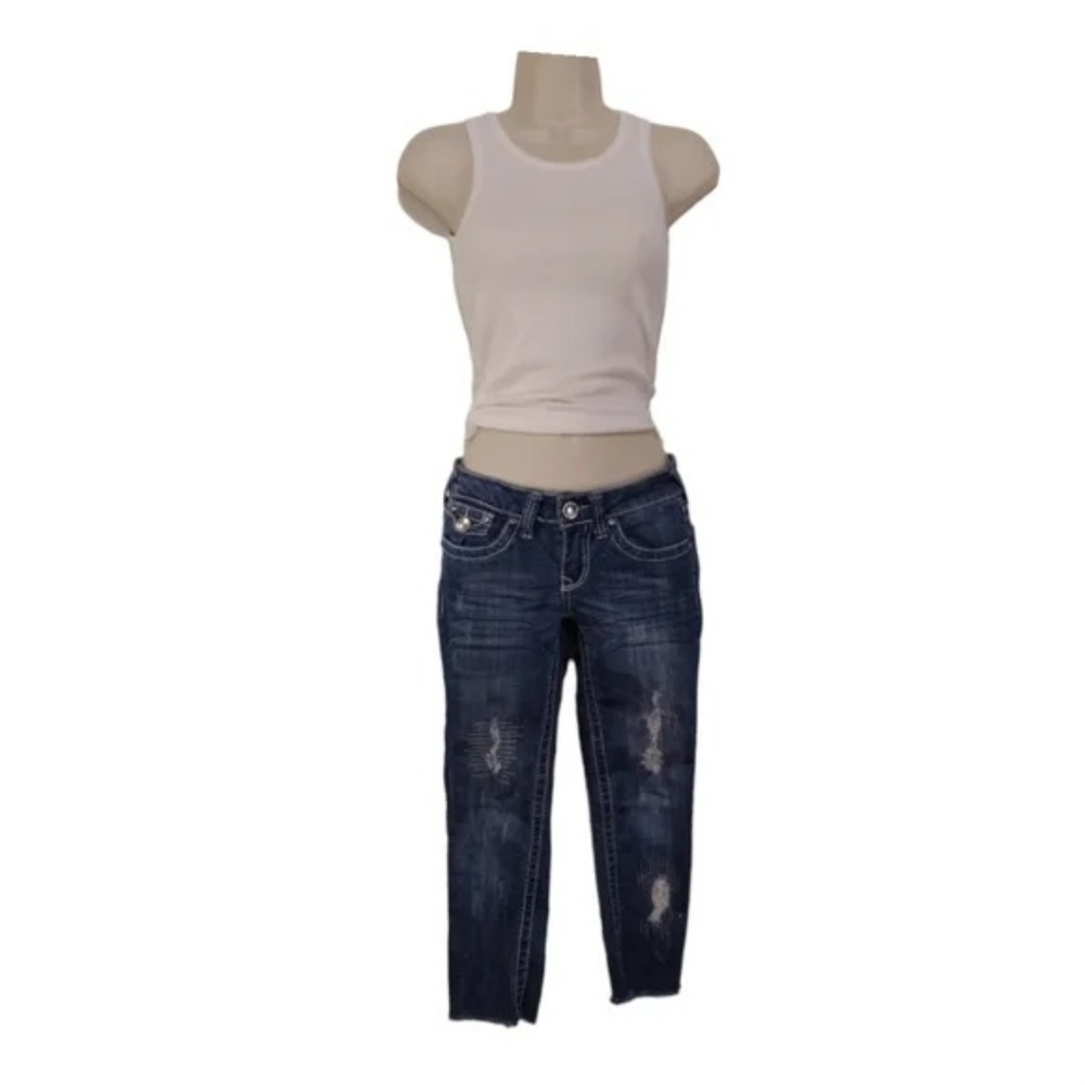 Blue Asphalt Women's Distressed Jeans #AK-3015W Cropped JRs Size 1 Dark Indigo